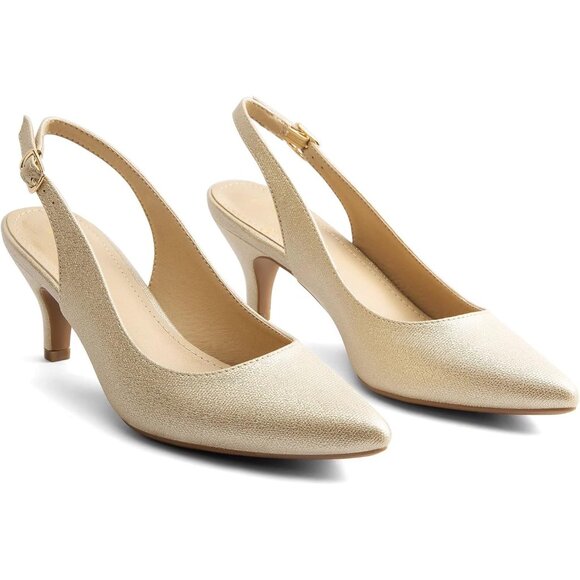 🆕 Women Gold Low Heel Pump Closed Pointed Toe Kitten Wedding Party Dressy Sexy - Picture 4 of 6